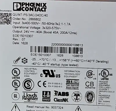 Phoenix Contact QUINT-PS/3AC/24DC/40 Power Supply. 4E-24