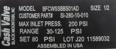 NEW CASH VALVE BFCWSSBBS01AD PRESSURE REDUCING VALVE 1/2" SET AT 80PSI