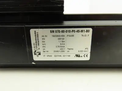 Elau SM 070-60-010-P0-45-M1-B0 AC Servo Motor 6000rpm 400V 6A 1.1Nm 000100 HW