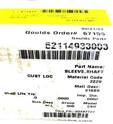 NEW GOULDS 316SS SLEEVE SHAFT 2-1/2" 52114933003