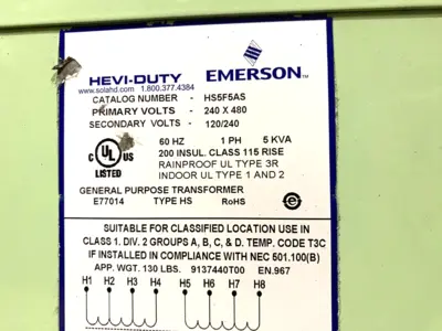 New | in-Stock Emerson Transformer 1-Phase 240-480VAC 120/240VAC 60Hz 5kVA Distribution Transformers Michigan US | Maverick Industrial Sales #1402371