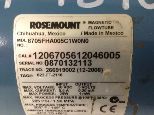 ROSEMOUNT 8705FHA005C1W0N0, CAL. 1206705612046005,  1/2"-150 FLOWTUBE