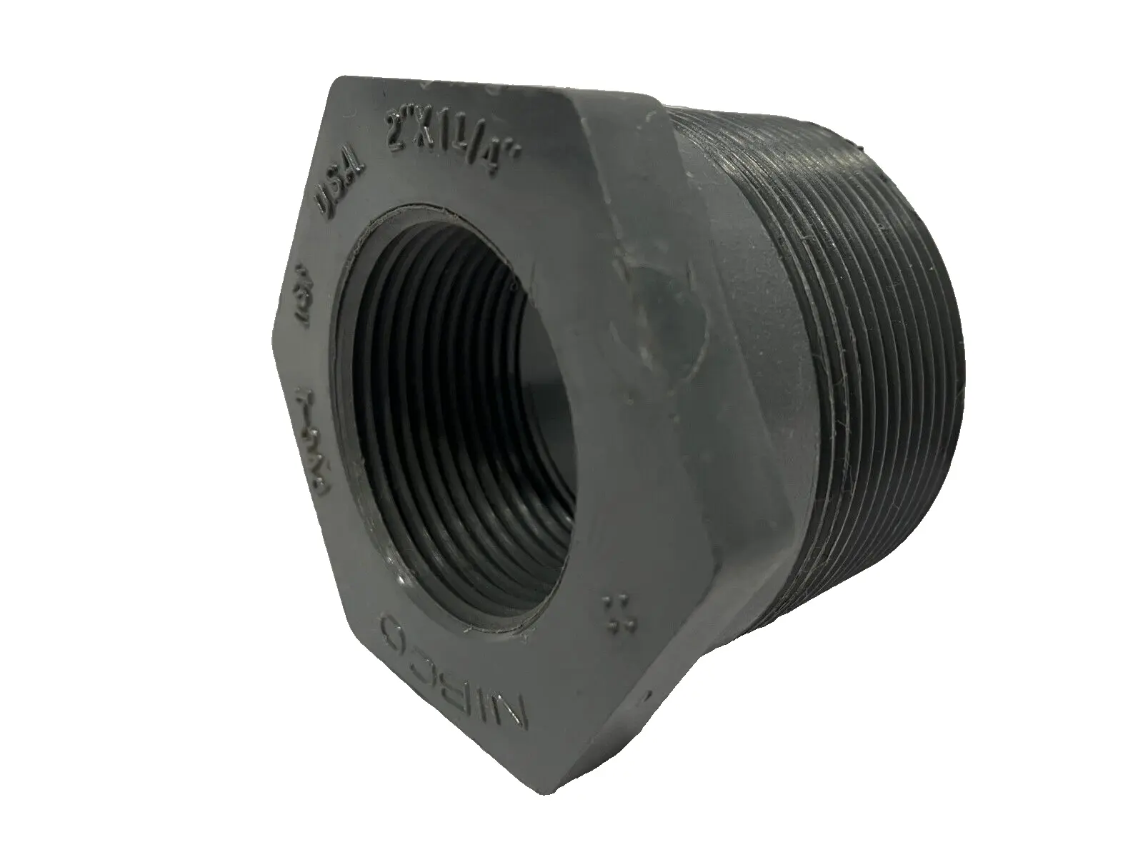 USED NIBCO 2" X 1-1/4" REDUCER BUSHING PVC-I NSF 2"LENGTH, 2-1/2" HEX