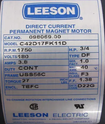 NEW LEESON 098069.00 MOTOR 180V 3/4HP 5/8" DIA. USS56C