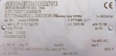 NEW SEW EURODRIVE R37 DRS71S4BE05 GEARMOTOR 36.72 R37DRS71S4BE05