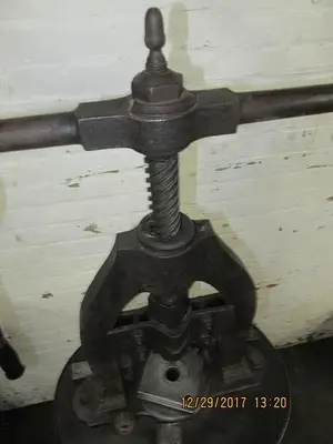 2644-385 Antique Rare Hand Operated Screw/Fly Press with Round Wood Base Circa 1880