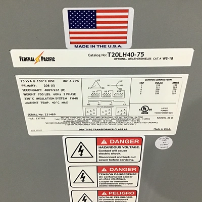 Federal Pacific 36B – T20LH40-75 Dry Type Transformer Class AA 75kVa 3Phase 60Hz