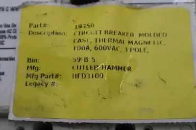CUTLER HAMMER EATON HFD3100 100A 3 Pole 65k Circuit Breaker STK CC226 786679175897