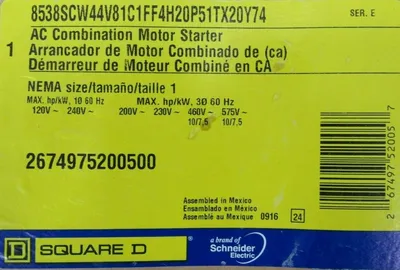 NEW SQUARE D 8538SCW44V81C1FF4H20P51TX20Y74 STARTER SIZE 1 8536SCO3H20S
