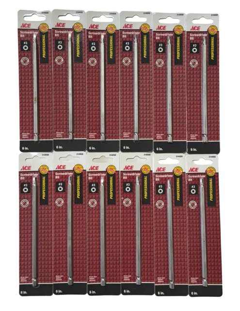ACE #3 x 6" Square Recess Screwdriver Bit 1/4" Quick Change Hex Shank 12 Pack