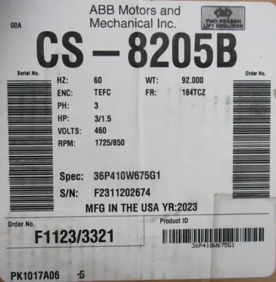 NEW BALDOR CS-8205B MOTOR 3/1.5HP 460V 184TCZ CS8205B 36P410W675G1