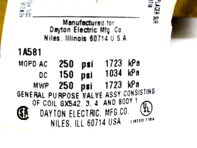 NEW DAYTON ELECTRIC 1A581 SOLENOID VALVE