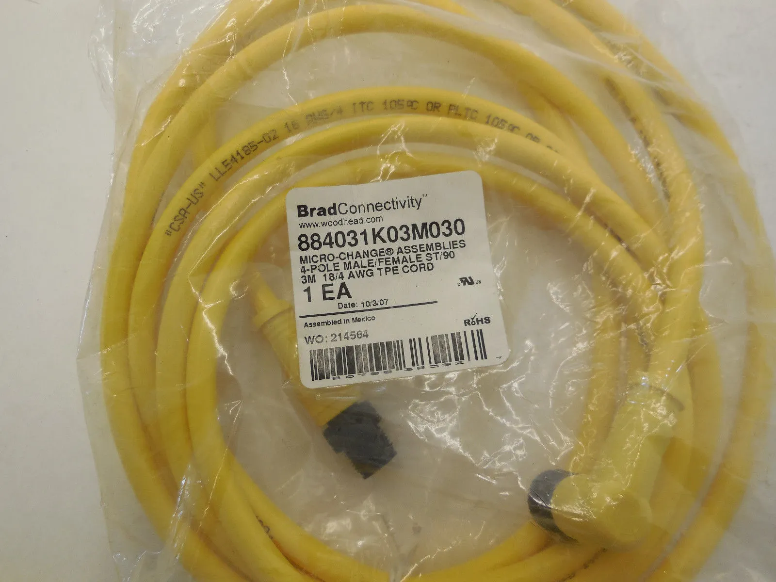 NEW WOODHEAD BRAD 884031K03M030 CABLE ASSY.