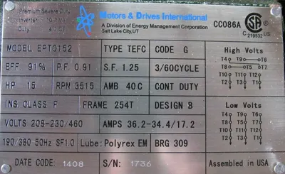 NEW MOTORS & DRIVES INTERNATIONAL EPT0152 MOTOR 15HP 208-230/460V 1-5/8" DIA.