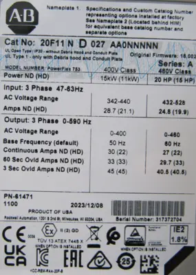 20F11ND027AA0NNNNN POWERFLEX 753 SER.A 20HP NEW SURPLUS