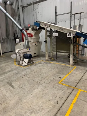 Cumberland 1620 Grinder w/infeed conveyor, blower/cyclone and baghgouse