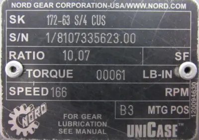 NEW NORD 63 S/4CUS GEARMOTOR 172-63 S/4 CUS 10.07:1 63S4CUS