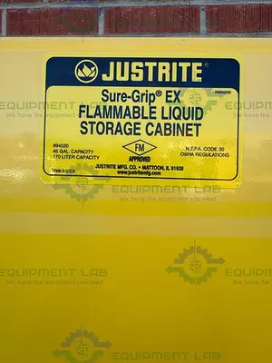 USED JUSTRITE 45 GALLON FLAMMABLE LIQUID STORAGE CABINET W/ SOFT CLOSE DOORS, KEY
