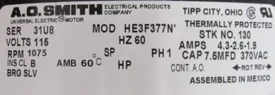 NEW AO SMITH 130 MOTOR 115V 1075RPM 4MA62