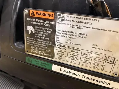 12,000 POUND HYSTER S120FTPRS FORKLIFT WITH 72" CASCADE CLAMP