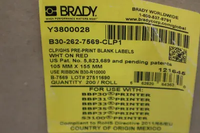 Brady Printer B30-262-7569-CLP1 Pre Print Chemical Labels Y380028 NEW STOCK H389