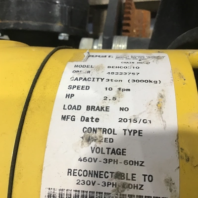 BUDGIT BEHCO310 Chain Hoist 3 Ton Capacity 2.5HP 50/60Hz 3PH 10fpm Speed w/Motor