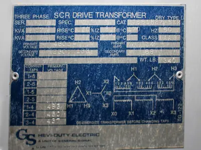 SPC7821  Transformers and Switchgear 27 kva GS Hevi-Duty Electric dry transformer, 460 Delta high voltage, 230Y/ 133 low voltage, 3 phase