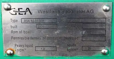 Westfalia RSA 60-01-076 vegetable oil separator, 316SS.