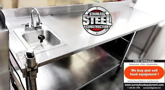 CUSTOM WORK TABLE 94''X30'' - C/W SINK & CAN OPENER