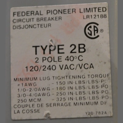 Federal Pioneer 2 Pole 200 Amp Main Breaker