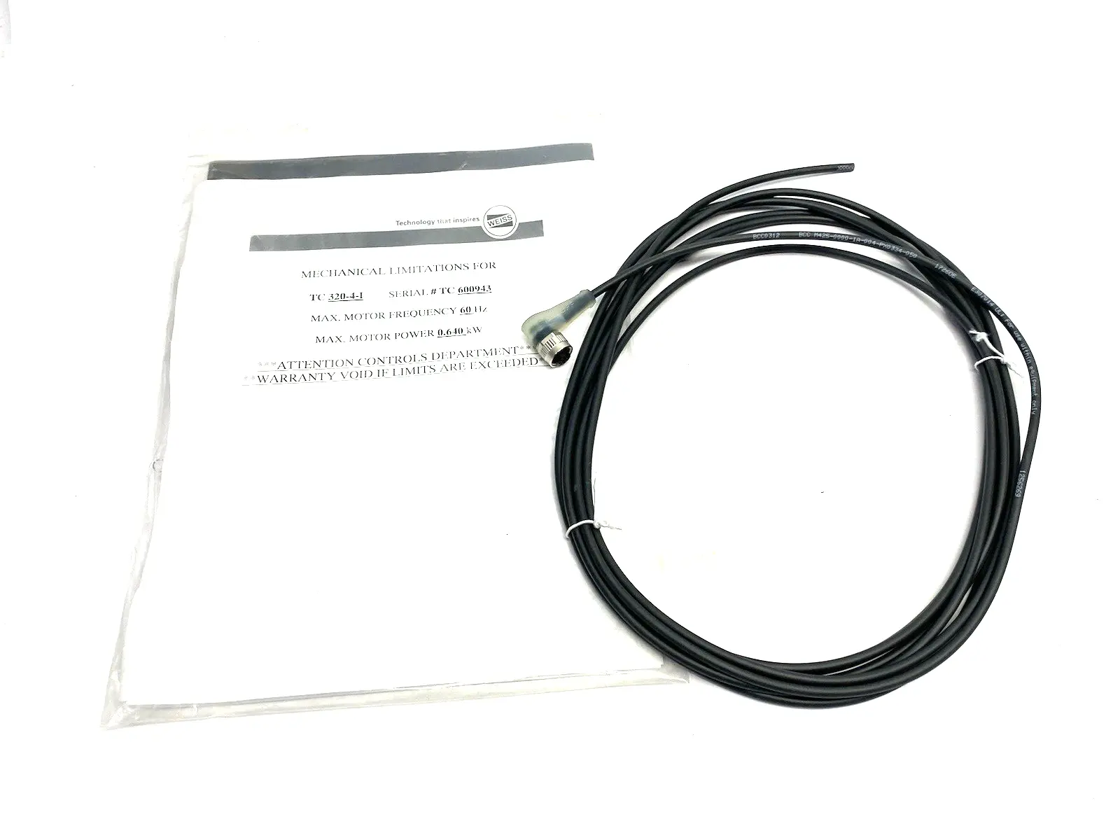 USED WEISS MECHANICAL SPECS/LIMITATIONS PACKET FOR TC 320-4-I W/ BALLUFF BCC
