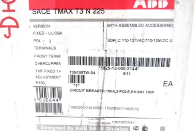 NEW ABB T3N100TWS4 CIRCUIT BREAKER SACE TMAX T3 N 225 100A 3 POLE