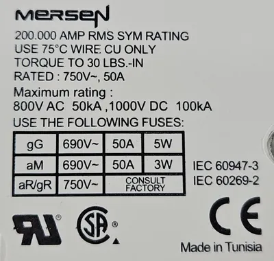 Ferraz Shawmut US 1421 UltraSafe Modular 2-Pole 750V 50A Fuse Holder. Loc4C-18