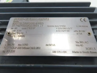 Sew Eurodrive KH77B DRN100L4/BE5 Brake Gear Motor 64.75:1 27rpm 3Kw 220/380V 3PH