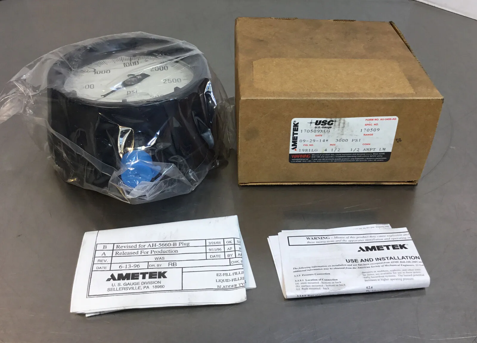 Ametek/U.S. Gauge 170509XLG / 1981LG 4 1/2” 1/2” ANPT Liquid Fill 3000PSI 6D