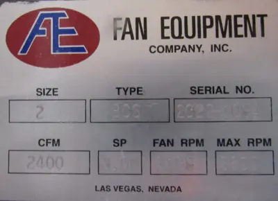 NEW FAN EQUIPMENT CO. TYPE BCS BLOWER 3HP EM3660T SIZE 2 2400CFM