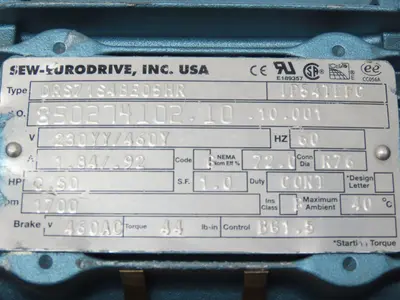 Sew Eurodrive SA47TDRS71S4BE05HR Brake Gearmotor 84:1 Ratio 20rpm .5Hp 230/460V