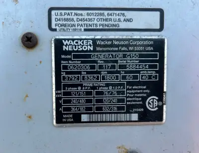 Used 2010 WACKER NEUSON G150 Generators British Columbia CA | Lenmark #913498