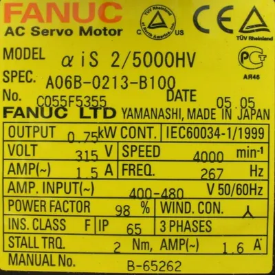 USED FANUC A06B-0213-B100 SERVO MOTOR AIS 2/5000HV A06B0213B100 A860-2000-T301