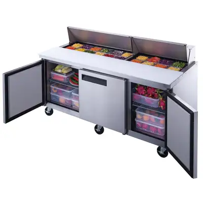 New | in-Stock Dukers New Dukers DSP72-18-S3 3-Door Commercial Food Prep Table Refrigerated in Stainless Steel Food Prep Tables Illinois US | Falcon Restaurant Supply #1376288