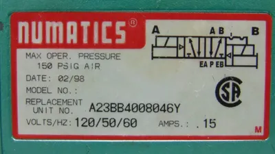 Numatics A23BB4008046Y Sol-Pilot Valve 150PSIG-AIR .15A 120V 50/60Hz Used