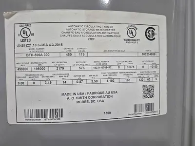 USED A.O. SMITH CORPORATION BTH-500A 300