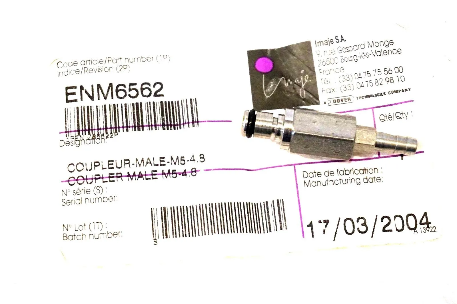 NEW IMAJE M5-4.8 MALE COUPLER VACUUM CONNECTOR M54.8