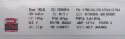 NEW RULMECA 165LS DRUM MOTOR 1.0HP 460V 5.FBS.096.SED.ABB.A-15.75M