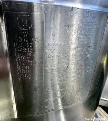 Used 316L Precision Stainless Tank, Jacketed.