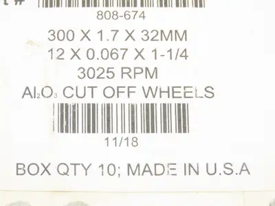 LECO 808-674 Aluminum Oxide Cut Off Wheel 12"/300mm x 1.7mm x 32mm Box of 10