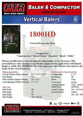 USED PTR 1800HD VERTICAL BALER