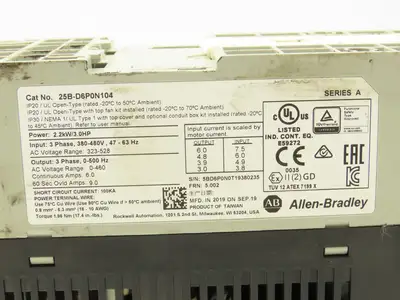 Allen Bradley 25B-D6P0N104 Powerflex 525 3Hp VFD AC Drive 480V 50/60Hz FRN 5.002