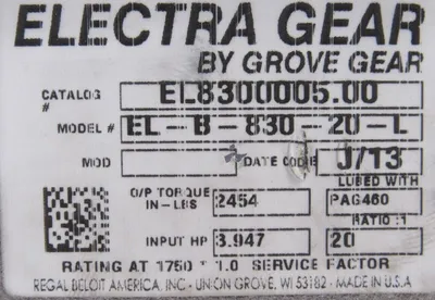 NEW GROVE GEAR EL8300005.00 GEAR REDUCER 20:1 EL-B-830-20-L