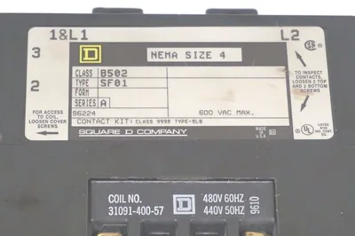 SQUARE D 8502-SF01 NEMA SIZE 4 CONTACTOR SER. A, 600VAC, 8502SF01